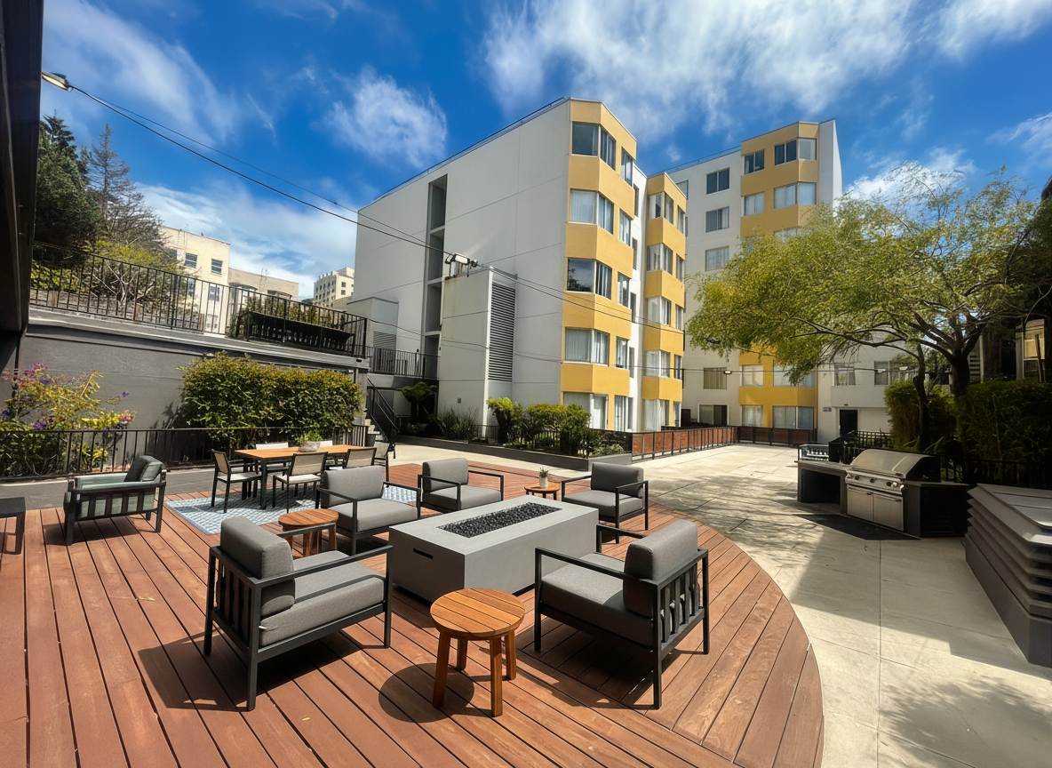 Outdoor apartment amenity deck with lounge seating, fire pit, and BBQ.